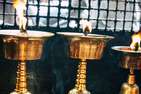 Kathmandu Nepal September 1, 2018 Closeup of candles burning front a temple at Durbar square in Kathmandu in the morningのeditorial素材