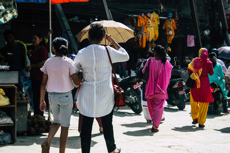 Kathmandu Nepal September 1, 2018 View of unknowns Nepali people walking in the street at Chhetrapati square in kathmandu in the morningのeditorial素材