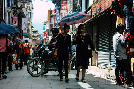 Kathmandu Nepal September 1, 2018 View of unknowns Nepali people walking in the street at Chhetrapati square in kathmandu in the morningのeditorial素材