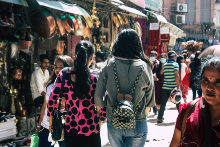 Kathmandu Nepal September 1, 2018 View of unknowns Nepali people walking in the street at Chhetrapati square in kathmandu in the morningのeditorial素材