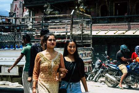 Kathmandu Nepal September 1, 2018 View of unknowns Nepali people walking in the street at Chhetrapati square in kathmandu in the morningのeditorial素材