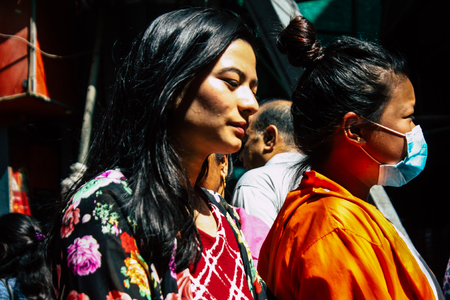 Kathmandu Nepal September 1, 2018 View of unknowns Nepali people walking in the street at Chhetrapati square in kathmandu in the morningのeditorial素材