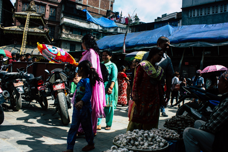 Kathmandu Nepal September 1, 2018 View of unknowns Nepali people walking in the street at Chhetrapati square in kathmandu in the morningのeditorial素材