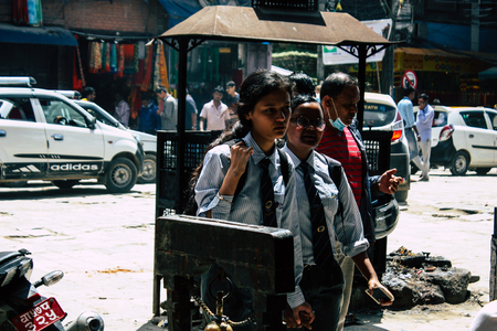 Kathmandu Nepal September 1, 2018 View of unknowns Nepali people walking in the street at Chhetrapati square in kathmandu in the morningのeditorial素材