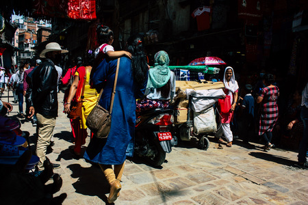 Kathmandu Nepal September 1, 2018 View of unknowns Nepali people walking in the street at Chhetrapati square in kathmandu in the morningのeditorial素材