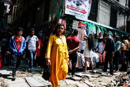Kathmandu Nepal September 1, 2018 View of unknowns Nepali people walking and shopping in a narrow street at Chhetrapati district in kathmandu in the morningのeditorial素材