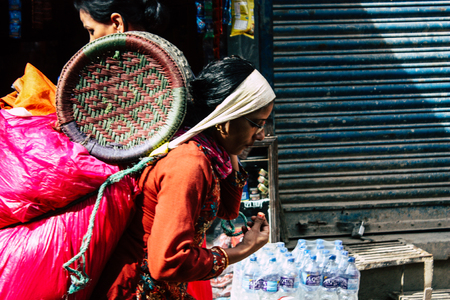 Kathmandu Nepal September 1, 2018 View of traditional Nepali porter walking in the street of...