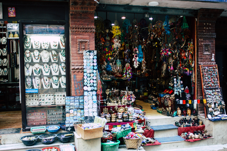 Kathmandu Nepal September 1, 2018 View of the facade of a shop selling hanndcrafted objects  at Thamel street Kathmandu in the afternoonのeditorial素材