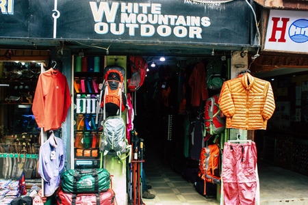 Kathmandu Nepal September 1, 2018 View of the facade of a trekking equipment and wear shop at Thamel street in Kathmandu in the afternoonのeditorial素材