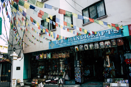 Kathmandu Nepal September 1, 2018 View of the facade of a shop selling hanndcrafted objects  at Thamel street Kathmandu in the afternoonのeditorial素材