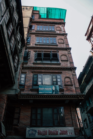 Kathmandu Nepal September 4, 2018 View of traditional Nepali buildings of Kathmandu located in Tyora district in the eveningのeditorial素材