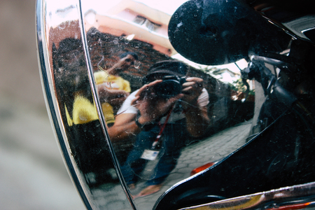 Kathmandu Nepal September 1, 2018 Closeup of a Royal Enfield motorcycle parked in the street of Kathmandu in the morningのeditorial素材