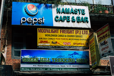 Kathmandu Nepal September 5, 2018 Closeup of advertising signs for commercial establishments located...