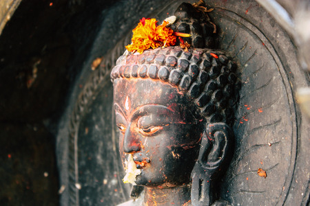 Kathmandu Nepal September 5, 2018 Closeup of statue part of religious elements constituting the shree Chhwasa Ajima Khala temple located in Thamel district Kathmandu in the morningのeditorial素材