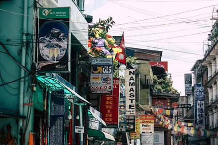 Kathmandu Nepal September 5, 2018 Closeup of advertising signs for commercial establishments located on Thamel Street in Kathmandu in the afternoonのeditorial素材