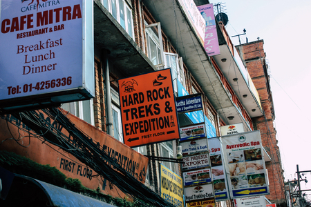 Kathmandu Nepal September 5, 2018 Closeup of advertising signs for commercial establishments located...