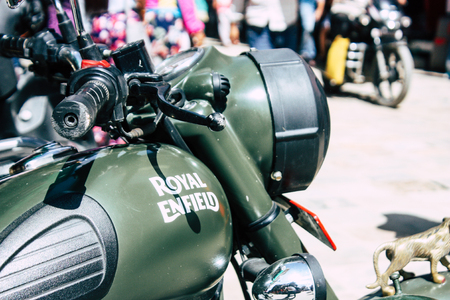 Kathmandu Nepal September 1, 2018 Closeup of a Royal Enfield motorcycle parked in the street of Kathmandu in the morningのeditorial素材