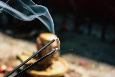 Kathmandu Nepal September 5, 2018 Closeup of incense in the process of burning at the shree Chhwasa Ajima Khala temple located in Thamel district Kathmandu in the morningのeditorial素材