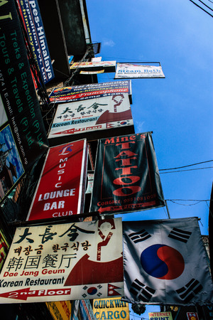 Kathmandu Nepal September 5, 2018 Closeup of advertising signs for commercial establishments located on Thamel Street in Kathmandu in the afternoonのeditorial素材