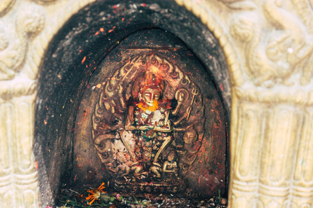 Kathmandu Nepal September 5, 2018 Closeup of the religious elements constituting the shree Chhwasa Ajima Khala temple located in Thamel district Kathmandu in the morningのeditorial素材