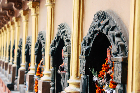 Kathmandu Nepal September 5, 2018 Closeup of statue part of religious elements constituting the shree Chhwasa Ajima Khala temple located in Thamel district Kathmandu in the morningのeditorial素材