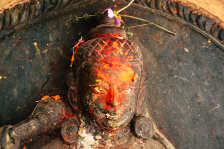 Kathmandu Nepal September 5, 2018 Closeup of statue part of religious elements constituting the shree Chhwasa Ajima Khala temple located in Thamel district Kathmandu in the morningのeditorial素材