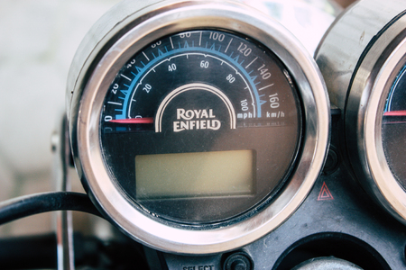 Kathmandu Nepal September 1, 2018 Closeup of a Royal Enfield motorcycle parked in the street of Kathmandu in the morningのeditorial素材