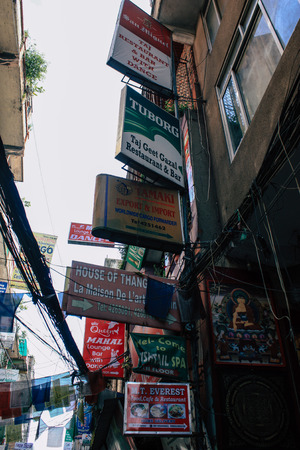 Kathmandu Nepal September 5, 2018 Closeup of advertising signs for commercial establishments located...