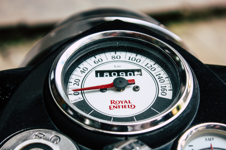 Kathmandu Nepal September 1, 2018 Closeup of a Royal Enfield motorcycle parked in the street of Kathmandu in the morningのeditorial素材