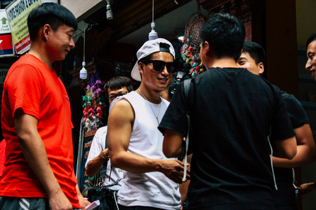 Kathmandu Nepal September 7, 2018 View of the film crew of a Chinese action film of which certain shots are made in the neighborhood of Thamel in Kathmandu in the morningのeditorial素材