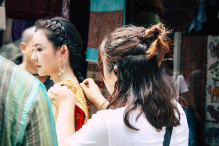 Kathmandu Nepal September 7, 2018 View of the actors makeup team of a Chinese action film of which certain shots are made in the neighborhood of Thamel in Kathmandu in the morningのeditorial素材