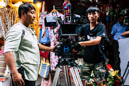 Kathmandu Nepal September 7, 2018 View of the setting of the camera by the technical team for an action scene of a Chinese movie shot in the Thamel district of Kathmandu in the afternoonのeditorial素材
