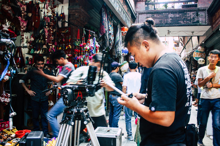 Kathmandu Nepal September 7, 2018 View of the setting of the camera by the technical team for an action scene of a Chinese movie shot in the Thamel district of Kathmandu in the afternoonのeditorial素材