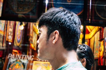 Kathmandu Nepal September 7, 2018 View of the actor of a Chinese action movie of which certain shots are made in the neighborhood of Thamel in Kathmandu in the morningのeditorial素材