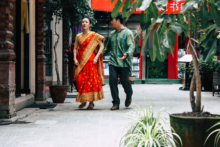 Kathmandu Nepal September 7, 2018 View of the actor of a Chinese action movie of which certain shots are made in the neighborhood of Thamel in Kathmandu in the morningのeditorial素材
