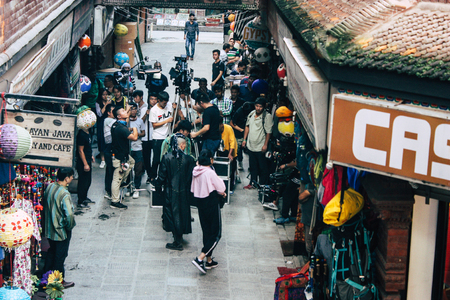 Kathmandu Nepal September 7, 2018 View of the setting of the camera by the technical team for an action scene of a Chinese movie shot in the Thamel district of Kathmandu in the afternoonのeditorial素材