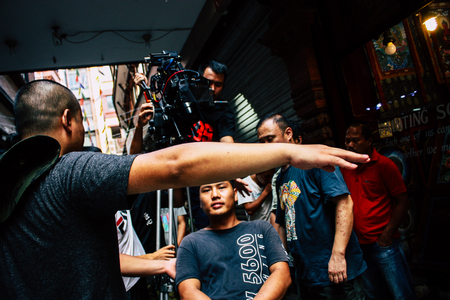 Kathmandu Nepal September 7, 2018 View of the setting of the camera by the technical team for an action scene of a Chinese movie shot in the Thamel district of Kathmandu in the afternoonのeditorial素材
