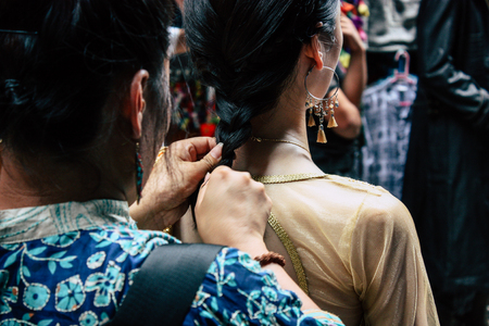 Kathmandu Nepal September 7, 2018 View of the actors makeup team of a Chinese action film of which certain shots are made in the neighborhood of Thamel in Kathmandu in the morningのeditorial素材