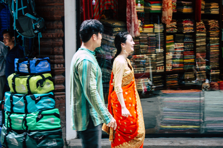 Kathmandu Nepal September 7, 2018 View of the actor of a Chinese action movie of which certain shots are made in the neighborhood of Thamel in Kathmandu in the morningのeditorial素材