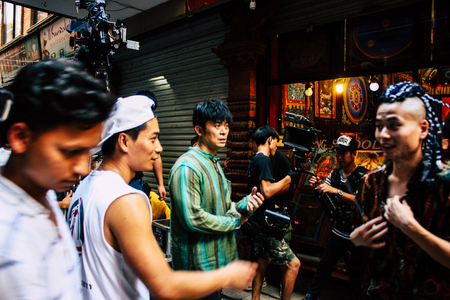 Kathmandu Nepal September 7, 2018 View of the setting of the camera by the technical team for an action scene of a Chinese movie shot in the Thamel district of Kathmandu in the afternoonのeditorial素材