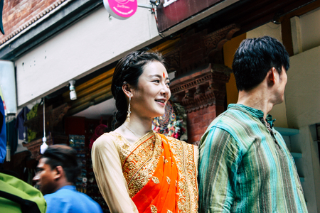 Kathmandu Nepal September 7, 2018 View of the actor of a Chinese action movie of which certain shots are made in the neighborhood of Thamel in Kathmandu in the morningのeditorial素材