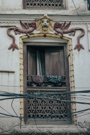 Kathmandu Nepal September 8, 2018 View of the facade of a traditional Nepalese building in the streets of Kathmandu in the eveningのeditorial素材