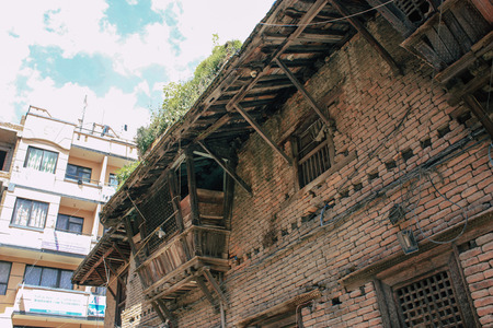 Kathmandu Nepal September 8, 2018 View of the facade of a traditional Nepalese building in the streets of Kathmandu in the eveningのeditorial素材