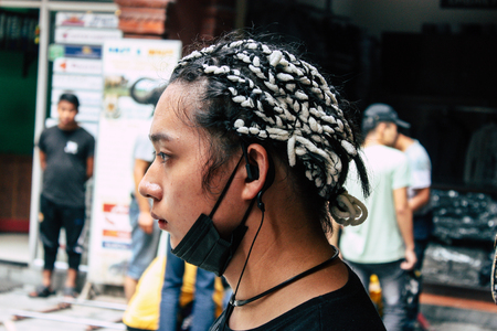 Kathmandu Nepal September 7, 2018 View of the actors makeup team of a Chinese action film of which certain shots are made in the neighborhood of Thamel in Kathmandu in the morningのeditorial素材