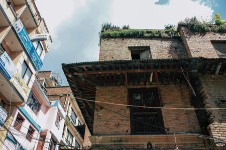 Kathmandu Nepal September 8, 2018 View of the facade of a traditional Nepalese building in the streets of Kathmandu in the eveningのeditorial素材