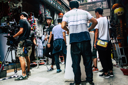 Kathmandu Nepal September 7, 2018 View of the setting of the camera by the technical team for an action scene of a Chinese movie shot in the Thamel district of Kathmandu in the afternoonのeditorial素材