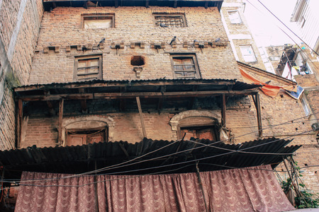 Kathmandu Nepal September 8, 2018 View of the facade of a traditional Nepalese building in the streets of Kathmandu in the eveningのeditorial素材
