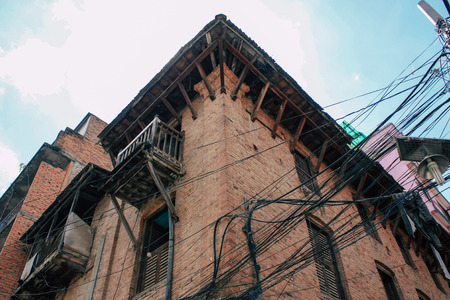 Kathmandu Nepal September 8, 2018 View of the facade of a traditional Nepalese building in the...