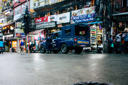 Kathmandu Nepal September 1, 2018 View of unknown Nepali police officer in Thamel street in Kathmandu in the morningのeditorial素材