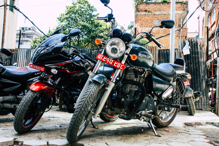Kathmandu Nepal September 8, 2018 Closeup of a Royal Enfield motorcycle parked in the street of Kathmandu in the afternoonのeditorial素材